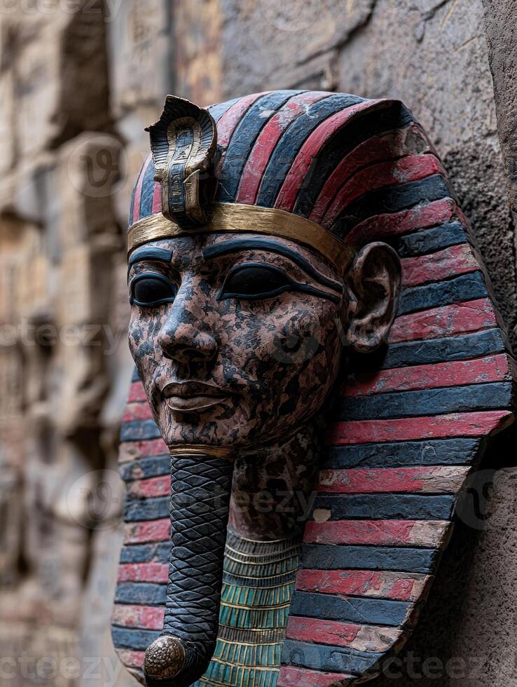 Close up of an ancient pharaoh mask with intricate details photo