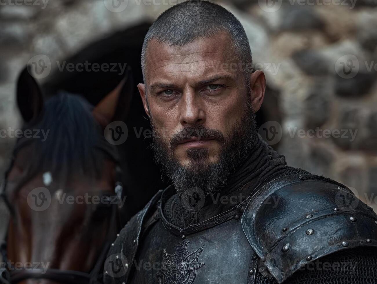 Medieval warrior in armor stands with his horse photo