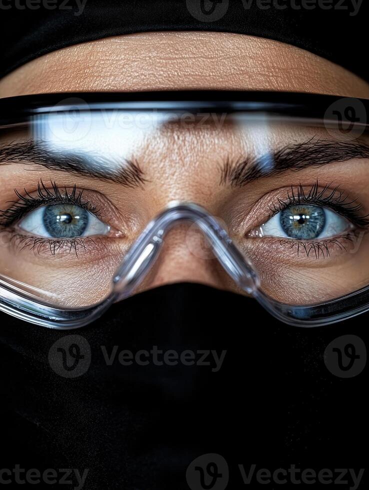 Close up of a womans eyes wearing safety glasses and a black face mask photo