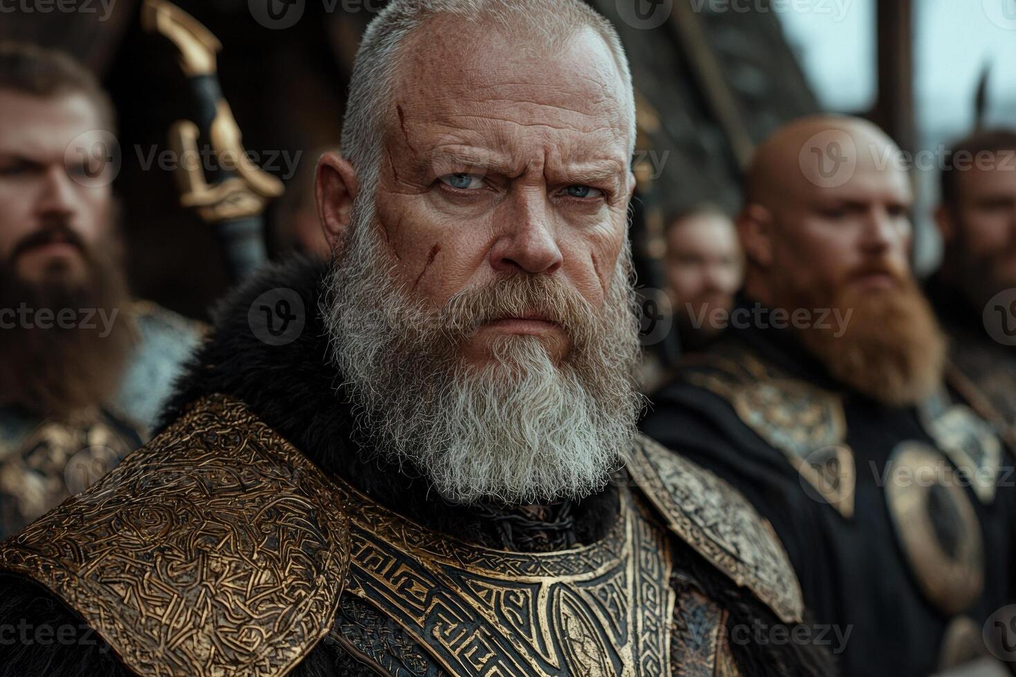 Portrait of a fierce warrior, adorned in ornate golden armor photo