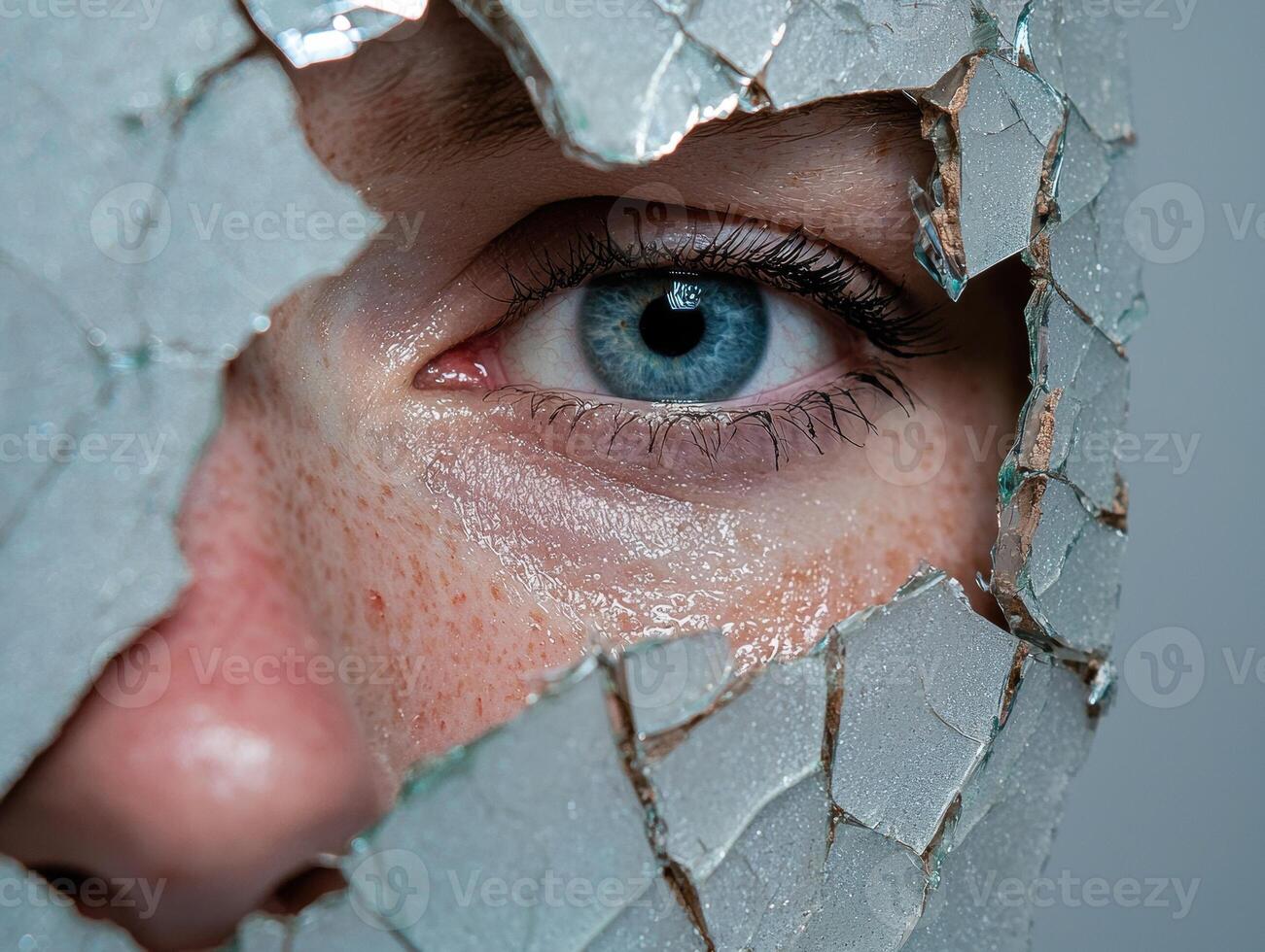 Closeup of a womans eye peering through cracked glass photo