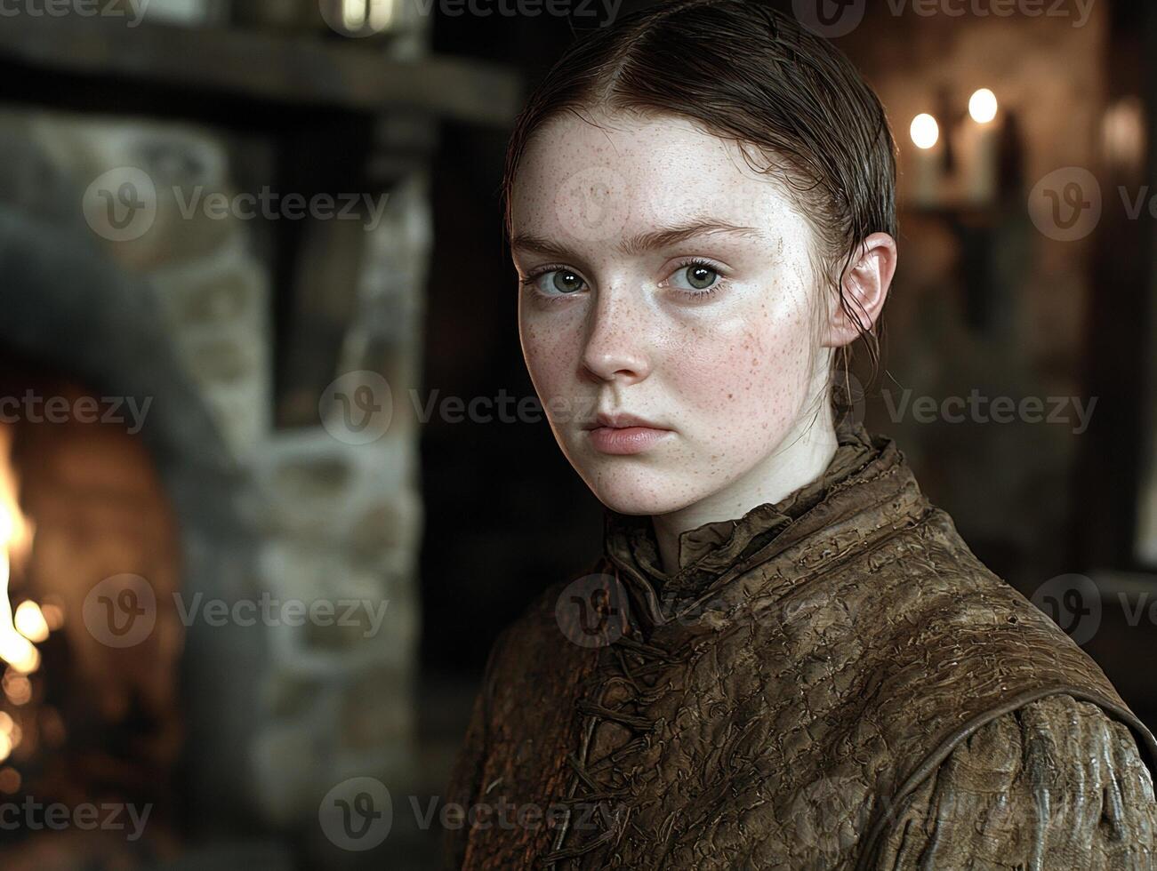 Young woman with freckles looking at the camera photo