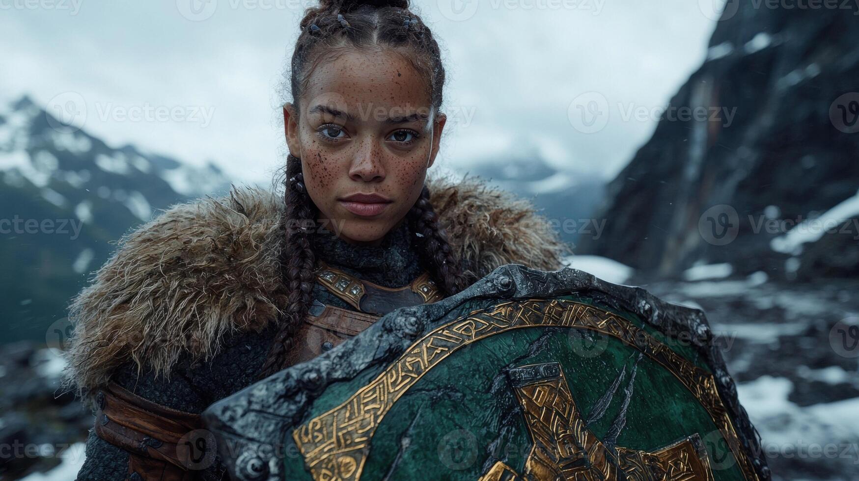 Brave female warrior with shield standing in snowy mountains photo