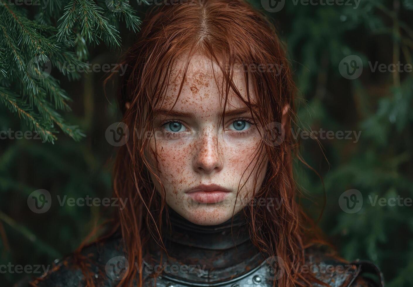 Redhead woman in medieval armor photo