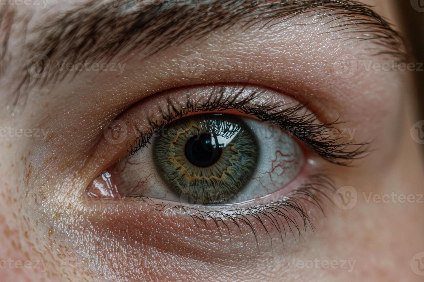Close up of a human eye with green iris and long eyelashes. photo