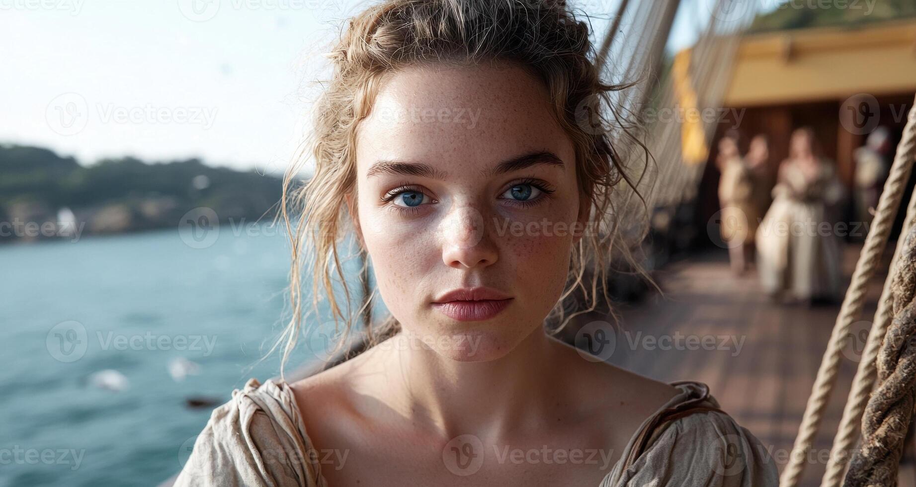 Young pirate woman with freckles and blue eyes looking at the camera. photo