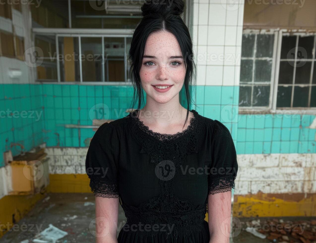 Smiling young woman with freckles in a black dress photo