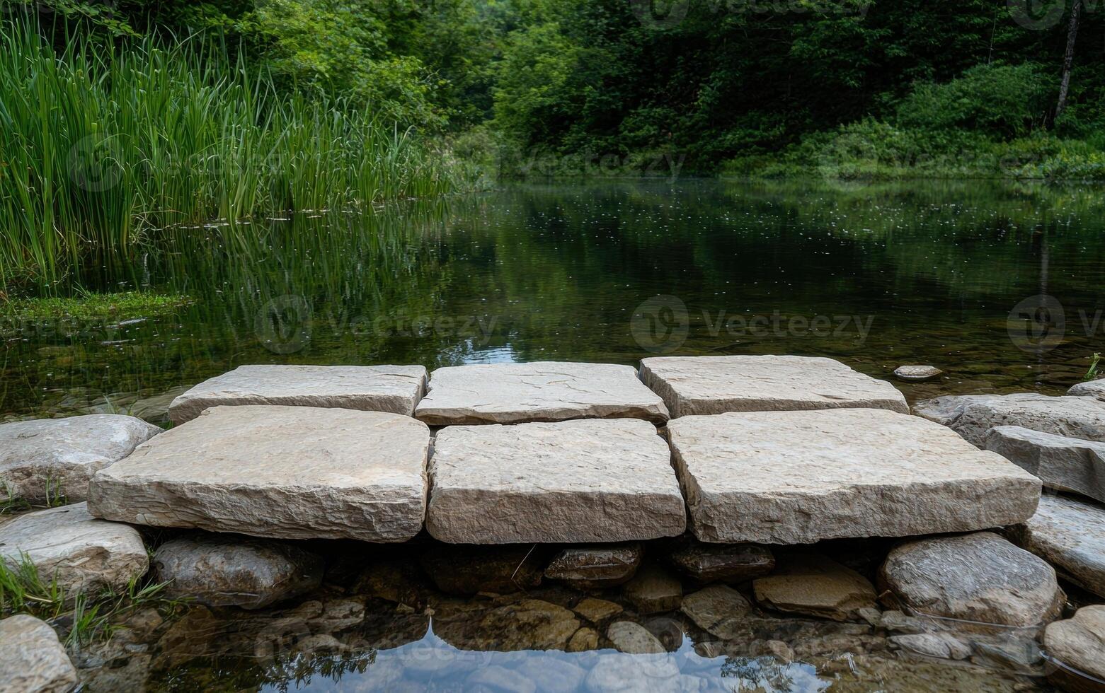 Stone pathway over calm water in a lush forest photo