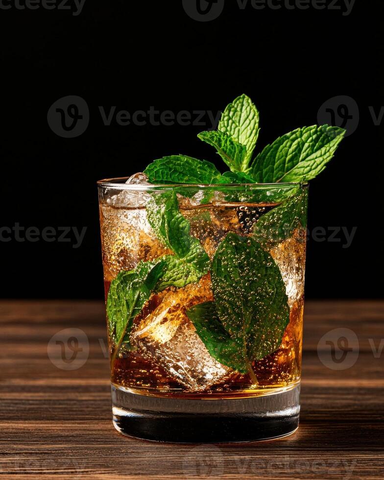 Refreshing mint julep cocktail with ice in a rocks glass. photo