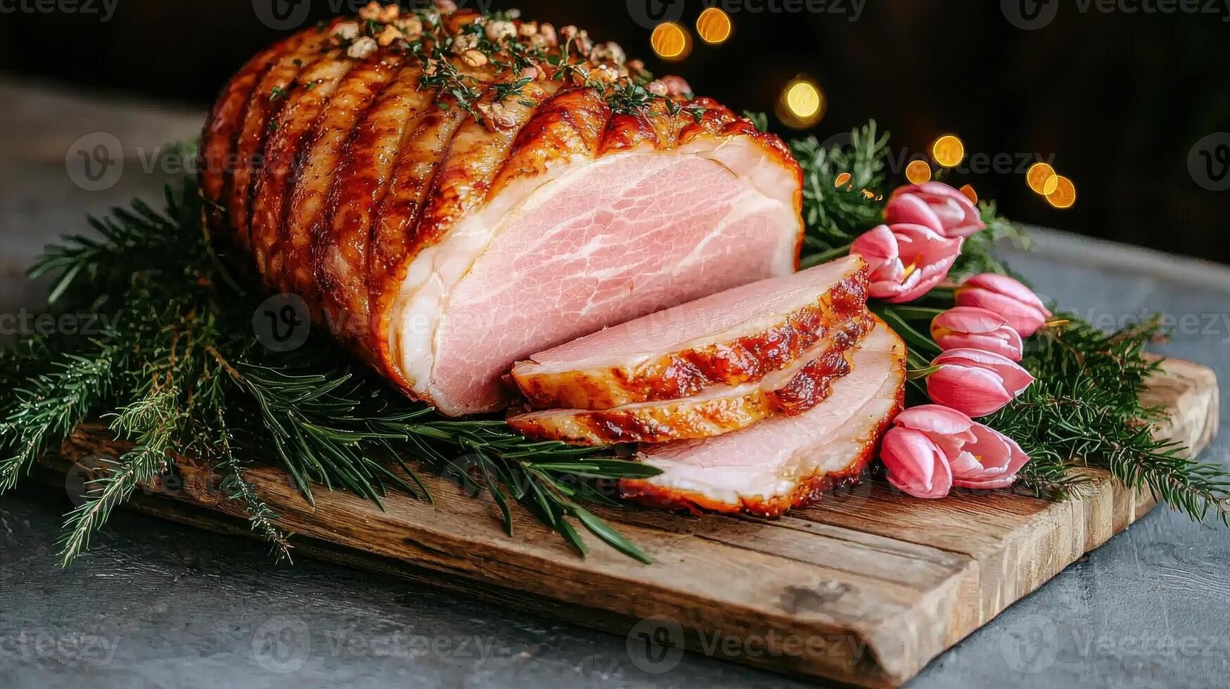 Close up of a glazed ham with rosemary and tulips photo