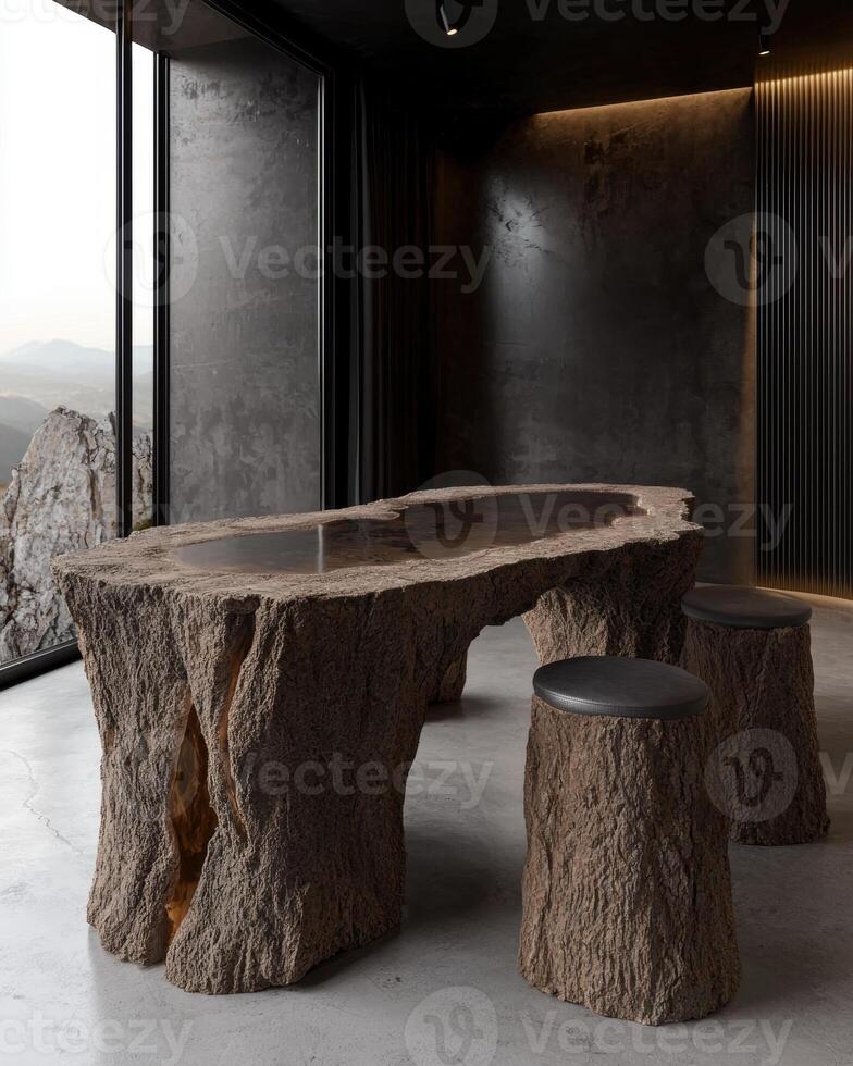 Modern minimalist living room with tree trunk table and stools photo