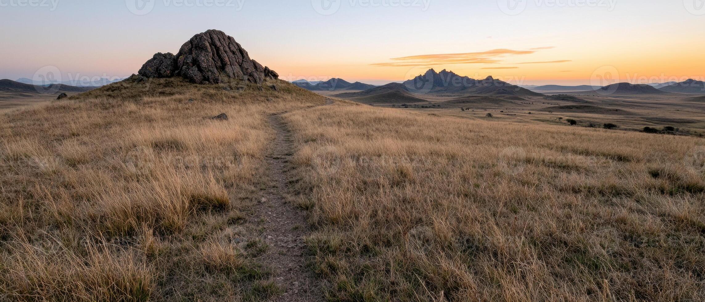 A dirt path leads through a grassy field towards a rocky hill at sunset photo