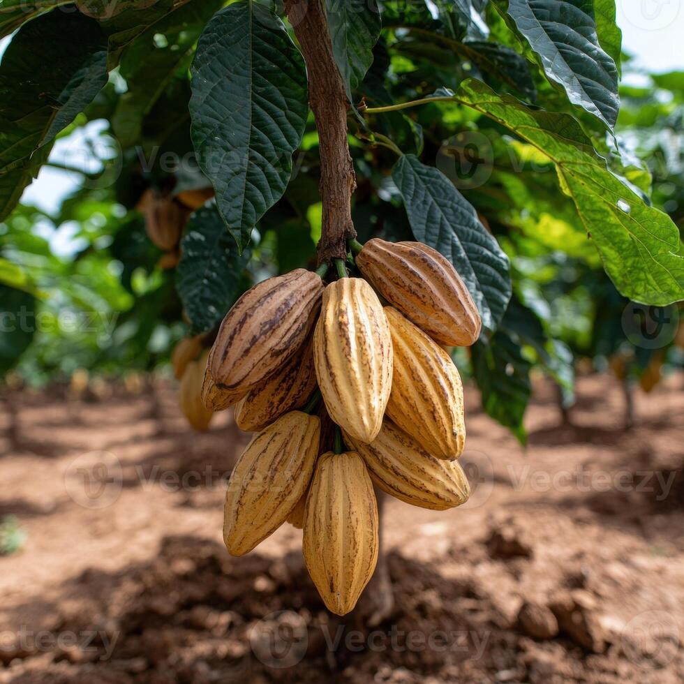 Close up of ripe cacao pods hanging from a tree branch photo