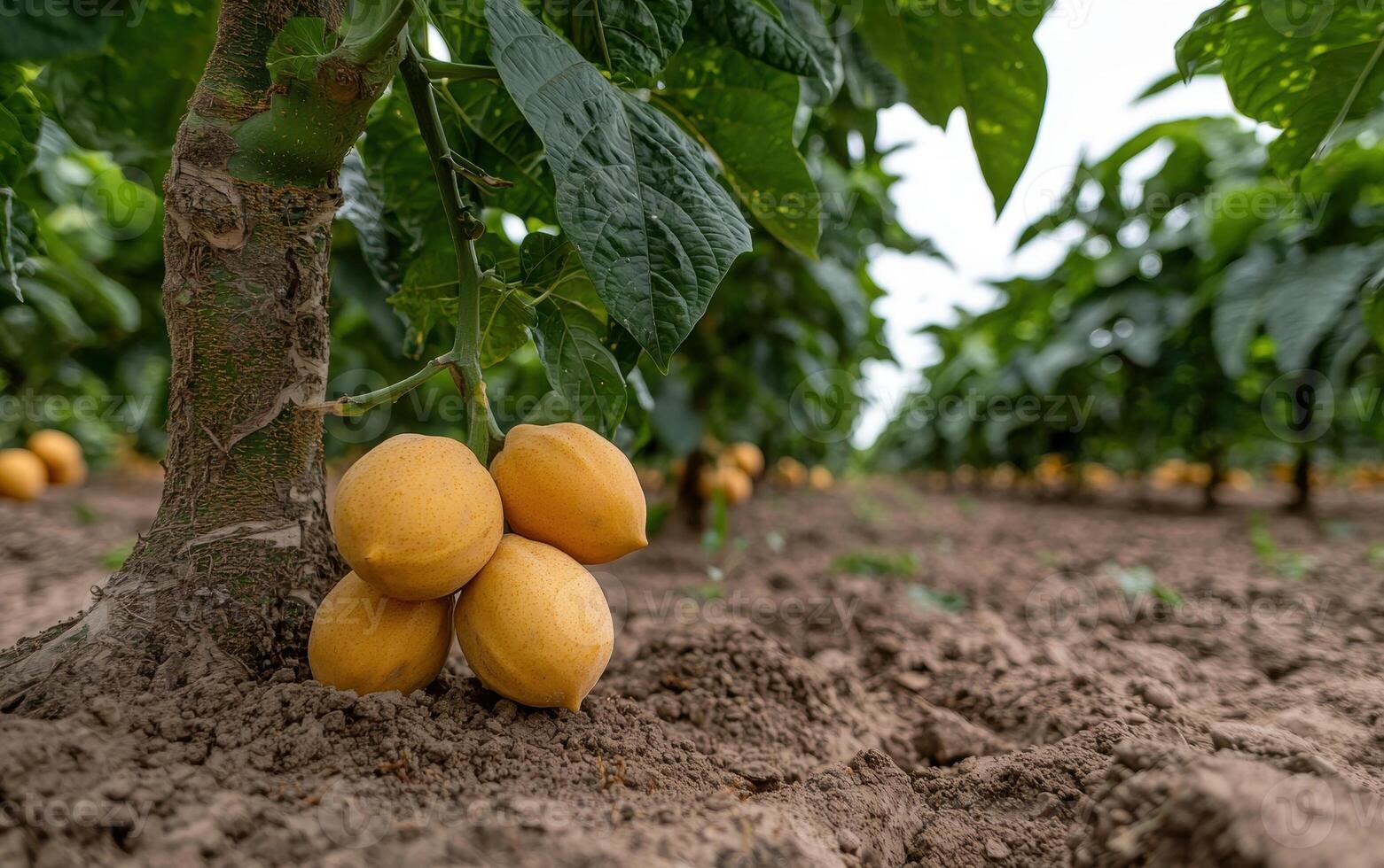Ripe Naranjilla fruits hanging from a branch in a field photo