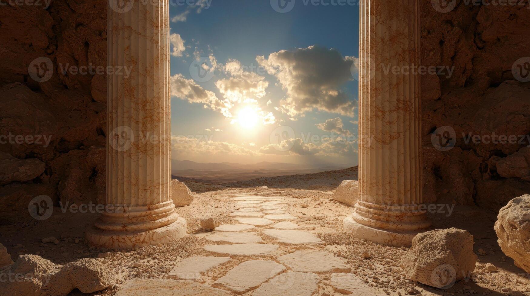 Ancient stone columns frame a sunlit desert path photo
