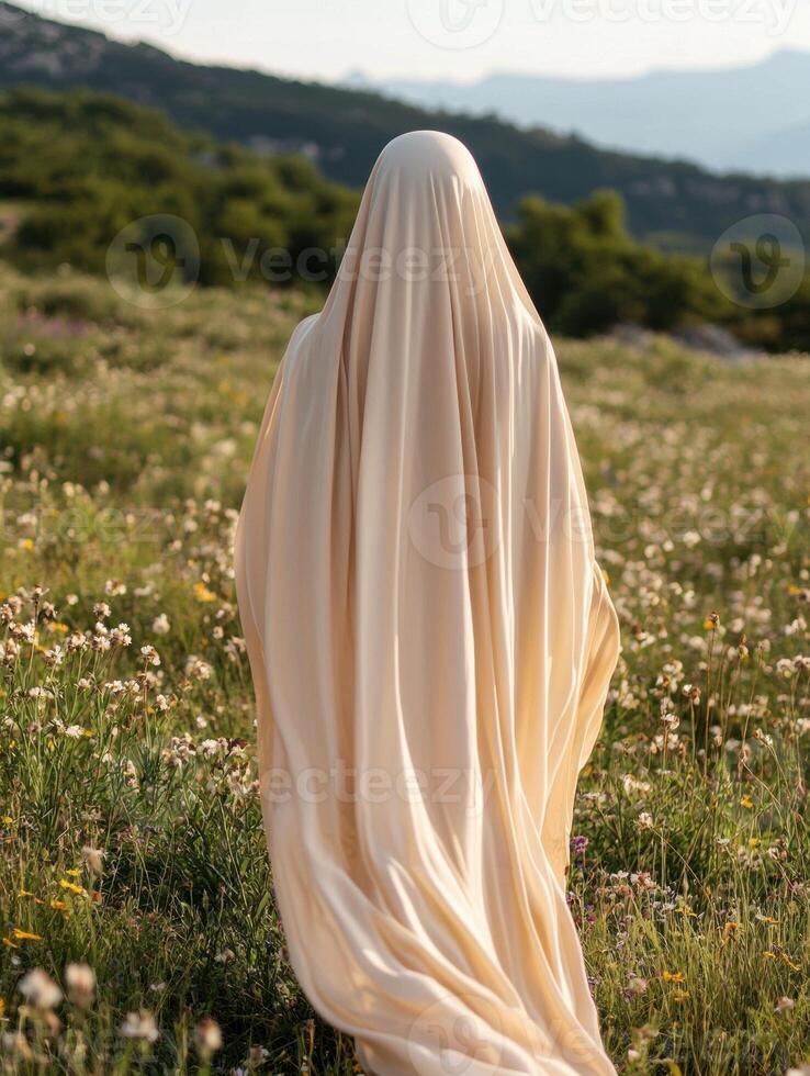 Person in flowing beige fabric in a field of flowers photo