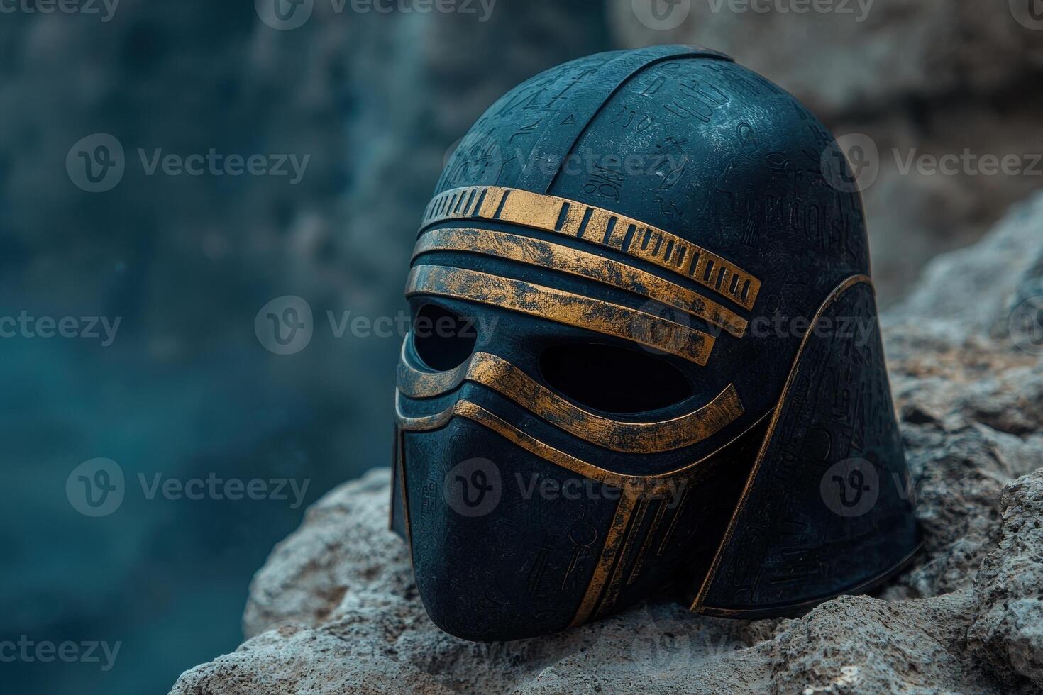 Ancient warrior helmet with hieroglyphs resting on rocks photo