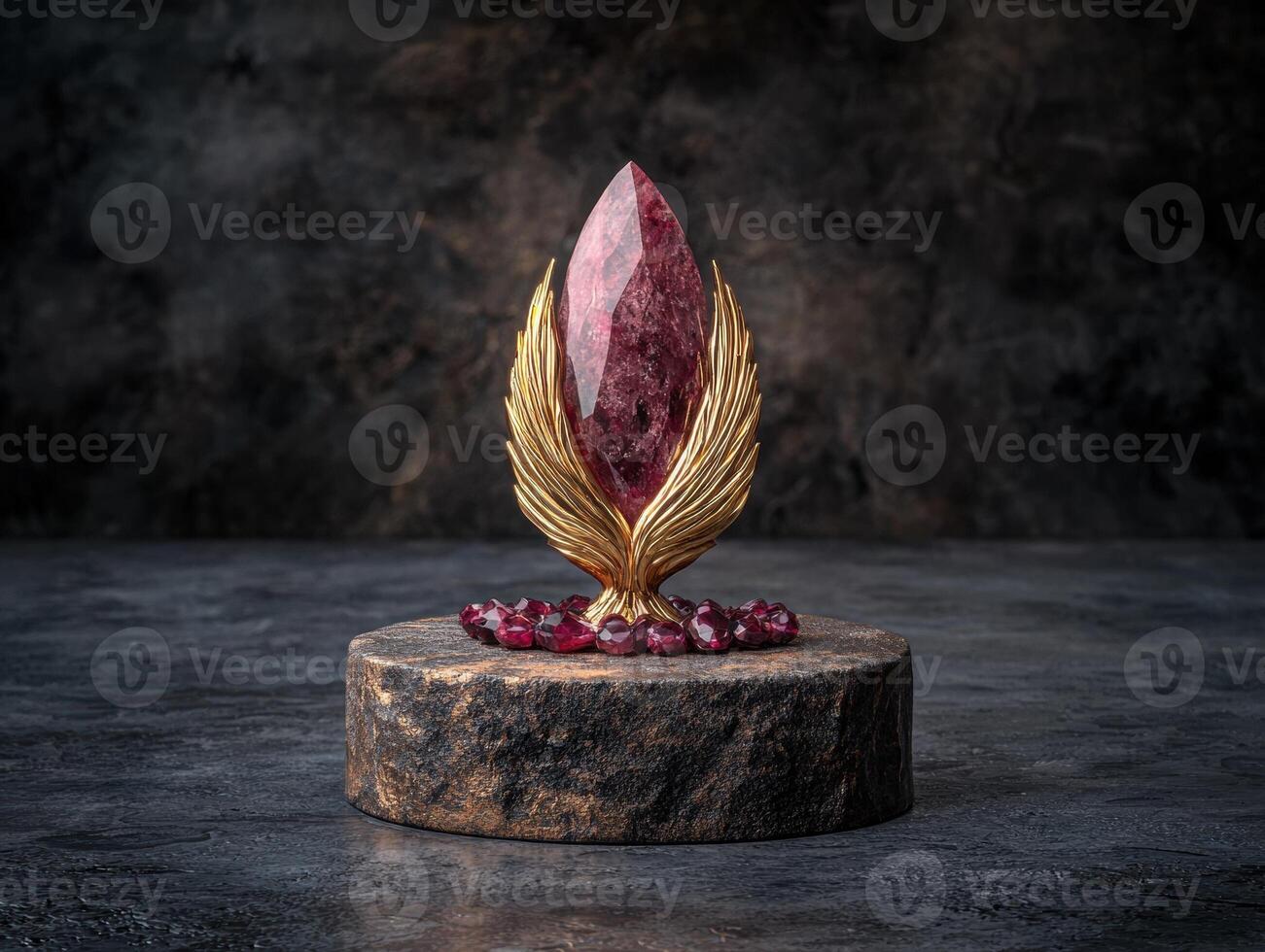 Red gemstone on golden wings display photo