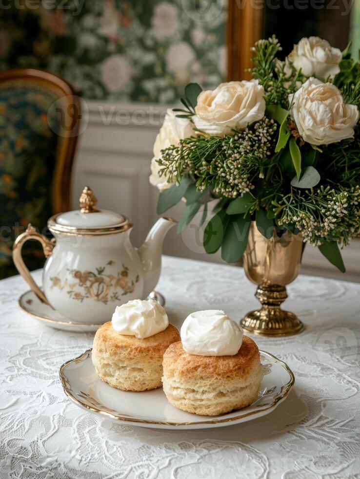 Cream tea with scones and clotted cream on a lace tablecloth photo