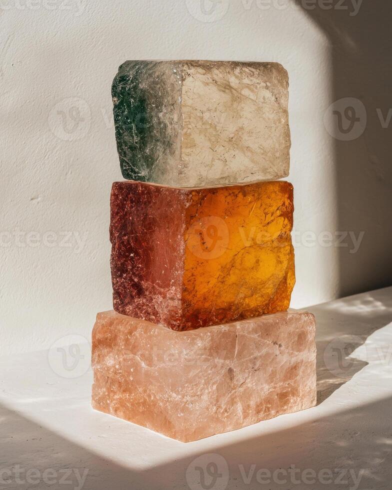 Three colorful translucent blocks stacked on a light pink base photo