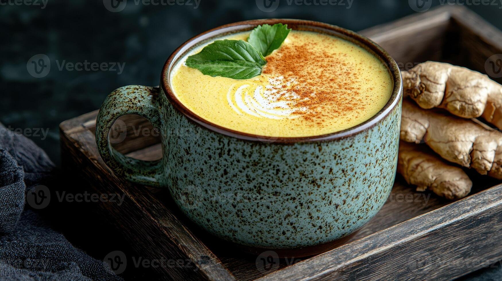 Golden turmeric latte in rustic mug with ginger photo