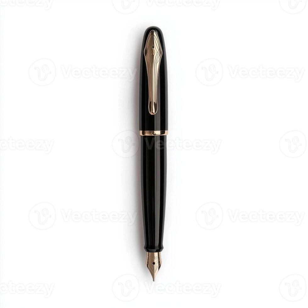 Elegant black fountain pen with gold accents on white background. photo