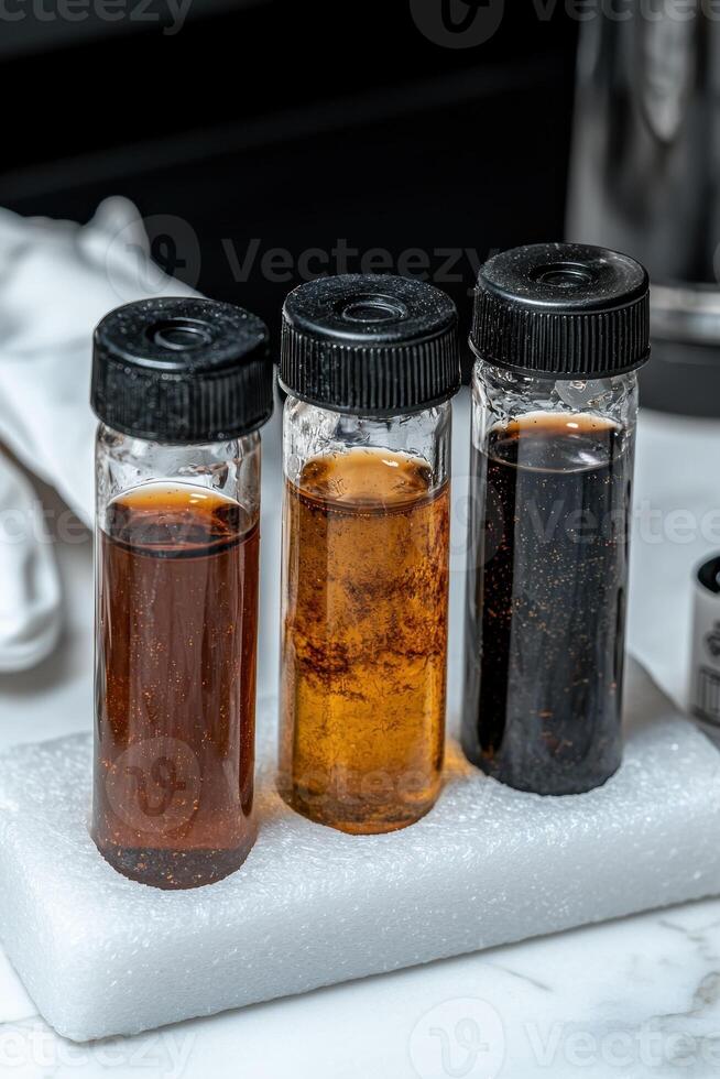 Three vials of different colored liquids on a white surface photo