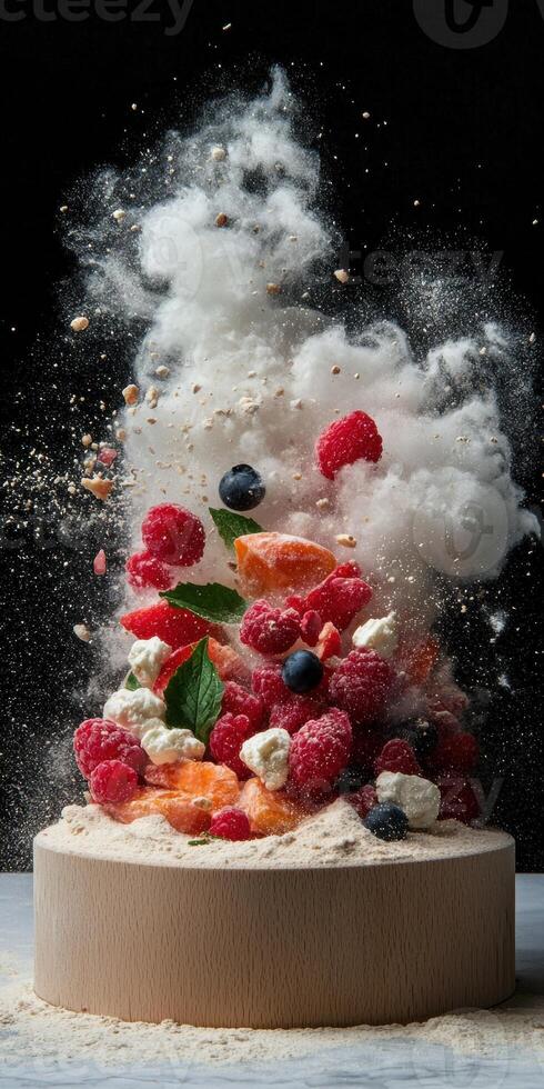 Delicious raspberry and apricot crumble dessert with blueberries and feta cheese photo