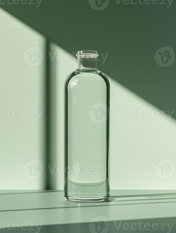 Glass bottle with clear liquid on green background photo