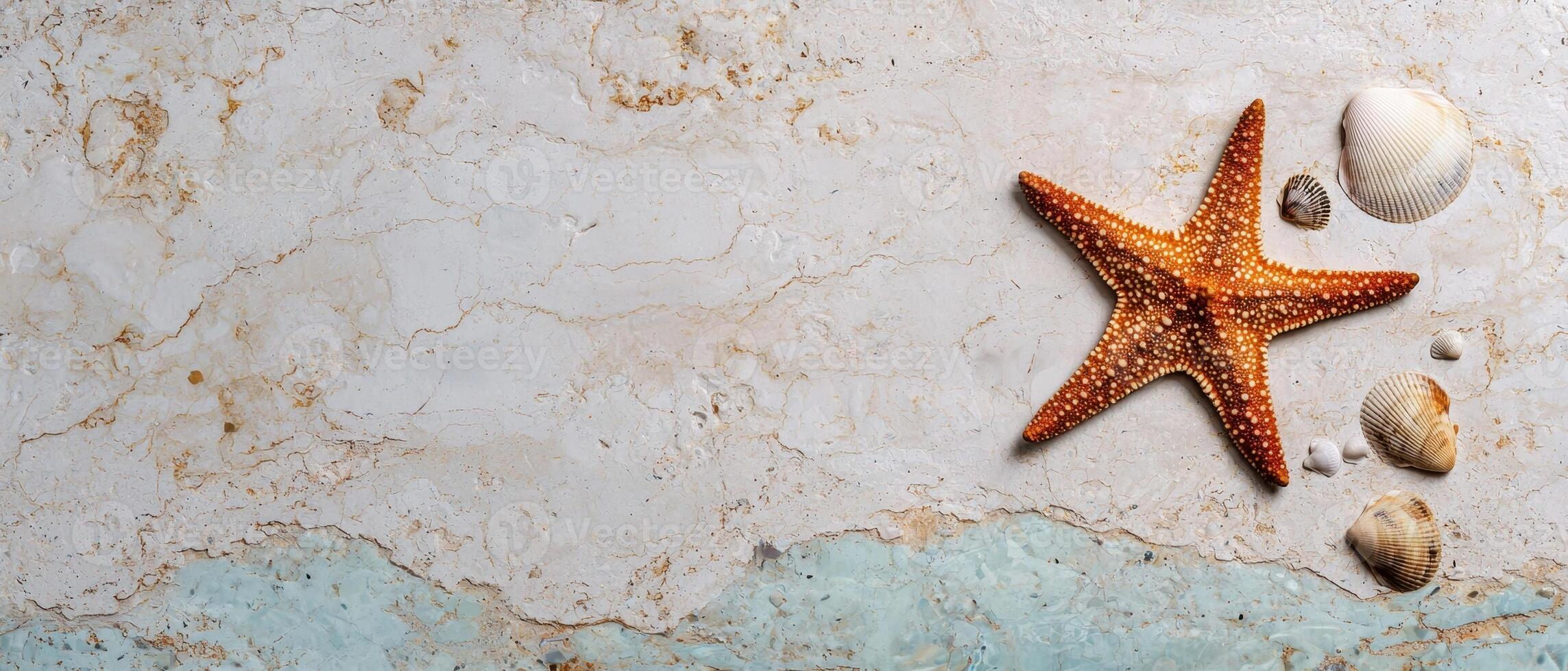 Seashells and starfish on a light marble background photo