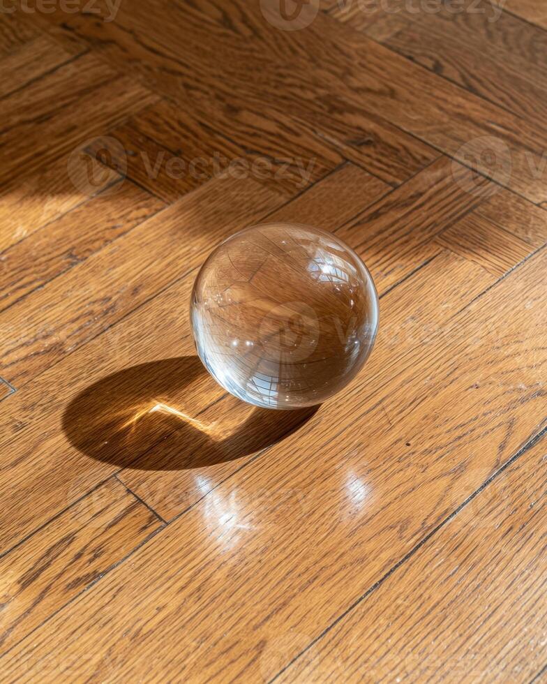 Crystal ball on wooden floor reflecting light. photo