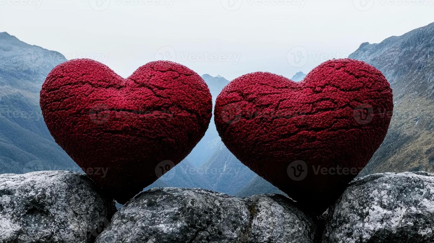 Two cracked hearts perched on rocks overlooking a mountain valley photo