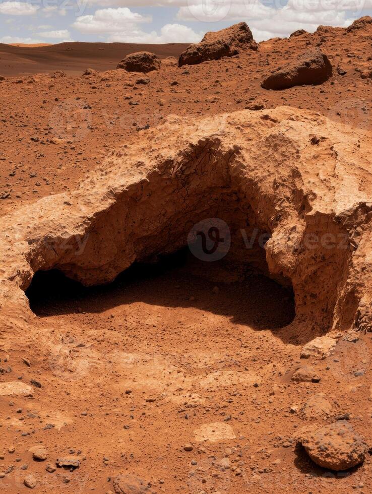 Cave entrance in a red rock desert landscape photo