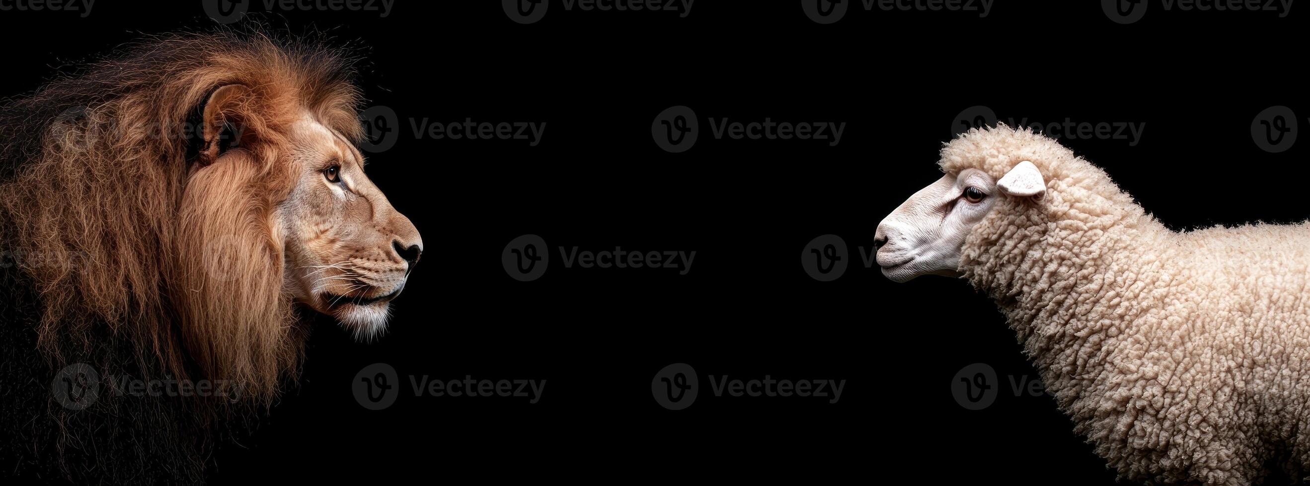 Lion and sheep face off against a black background photo