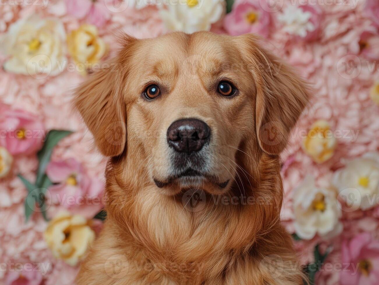 Golden Retriever Puppy Posing in a Field of Flowers photo