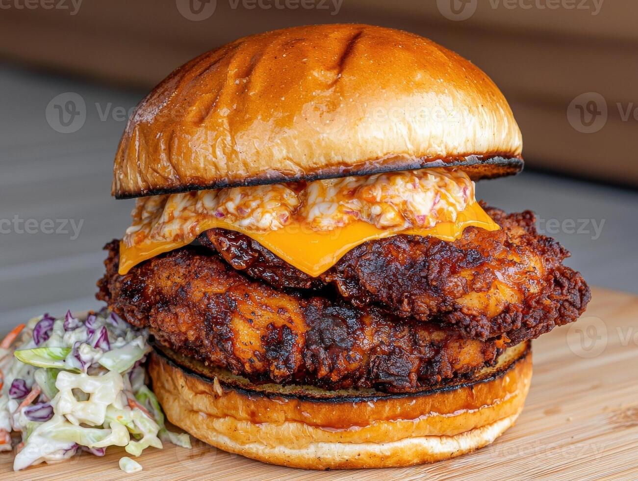 Juicy double fried chicken sandwich with cheese and sauce photo