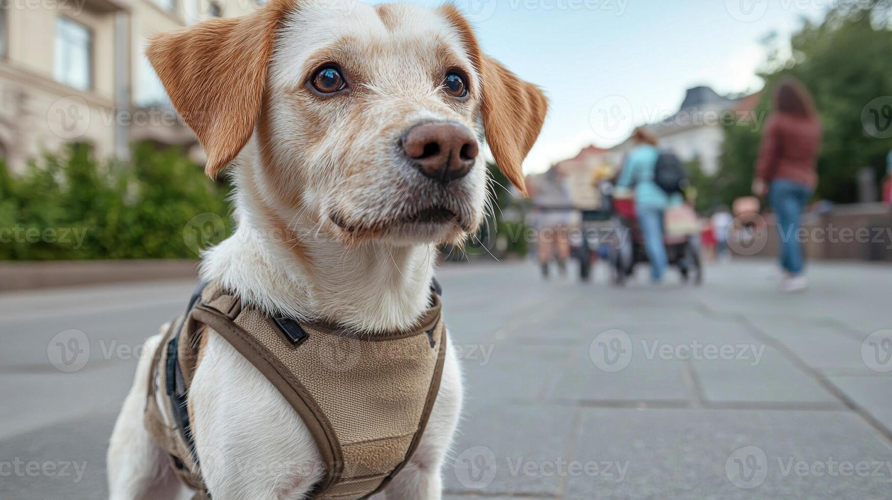 Adorable small dog wearing a harness in the city photo