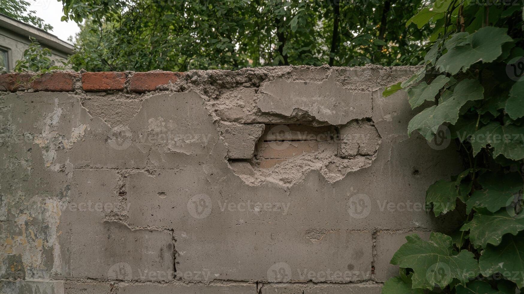 Damaged concrete wall with brick and ivy photo