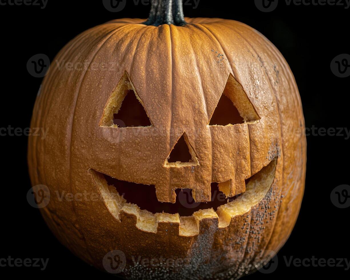 Spooky carved jack o lantern on black background photo