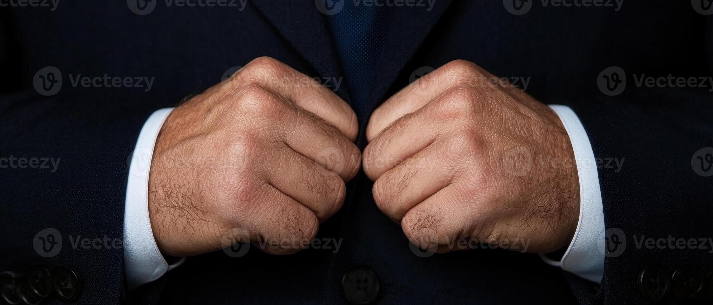 Close up of a mans hands clasped in front of him, wearing a suit photo