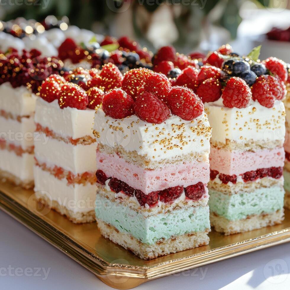 Delicious raspberry and blueberry mini cakes on gold tray photo
