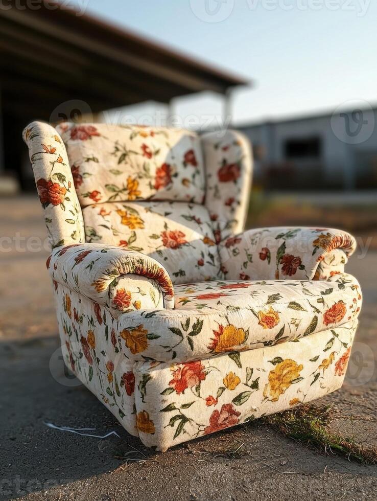 Floral patterned armchair outdoors on a sunny day photo
