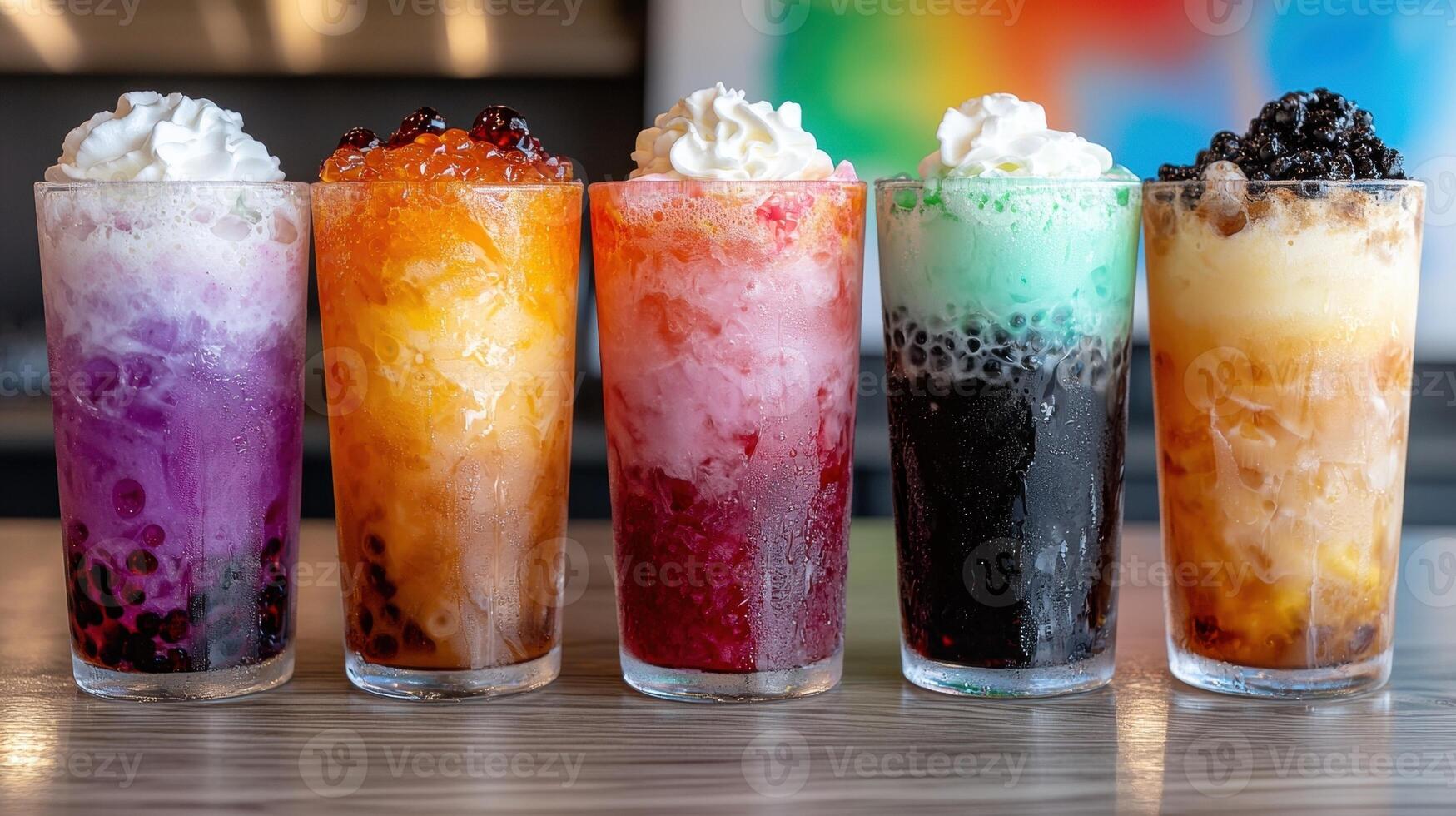 Five colorful shaved ice drinks with whipped cream and boba pearls photo