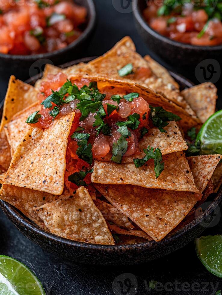 Spicy tortilla chips with salsa and cilantro photo