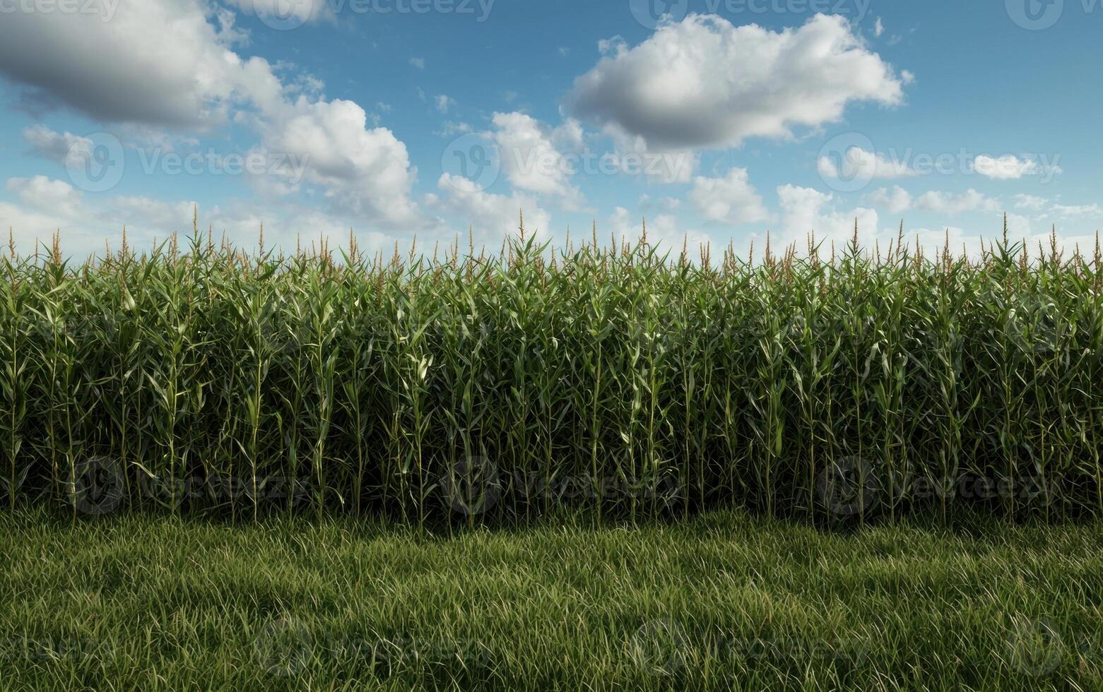Tall green corn stalks in a field under a partly cloudy sky photo