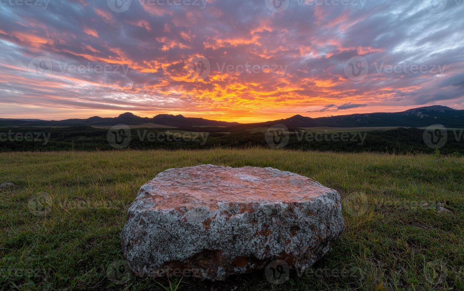 Sunset over grassy plains with a large rock in the foreground photo