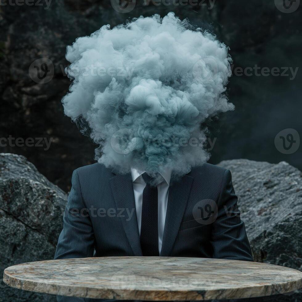 Businessman with smoke for a head sitting at a table photo
