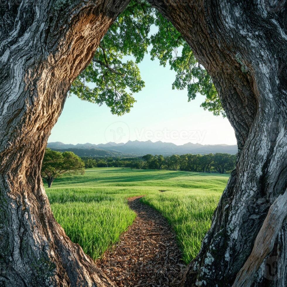 Pathway through a field leading to mountains, seen through a tree trunk photo