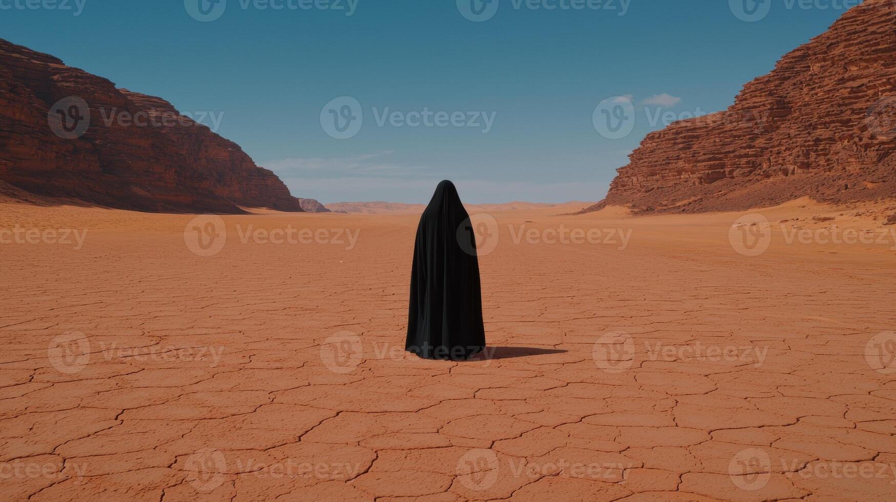 Person in black robe standing in desert landscape photo