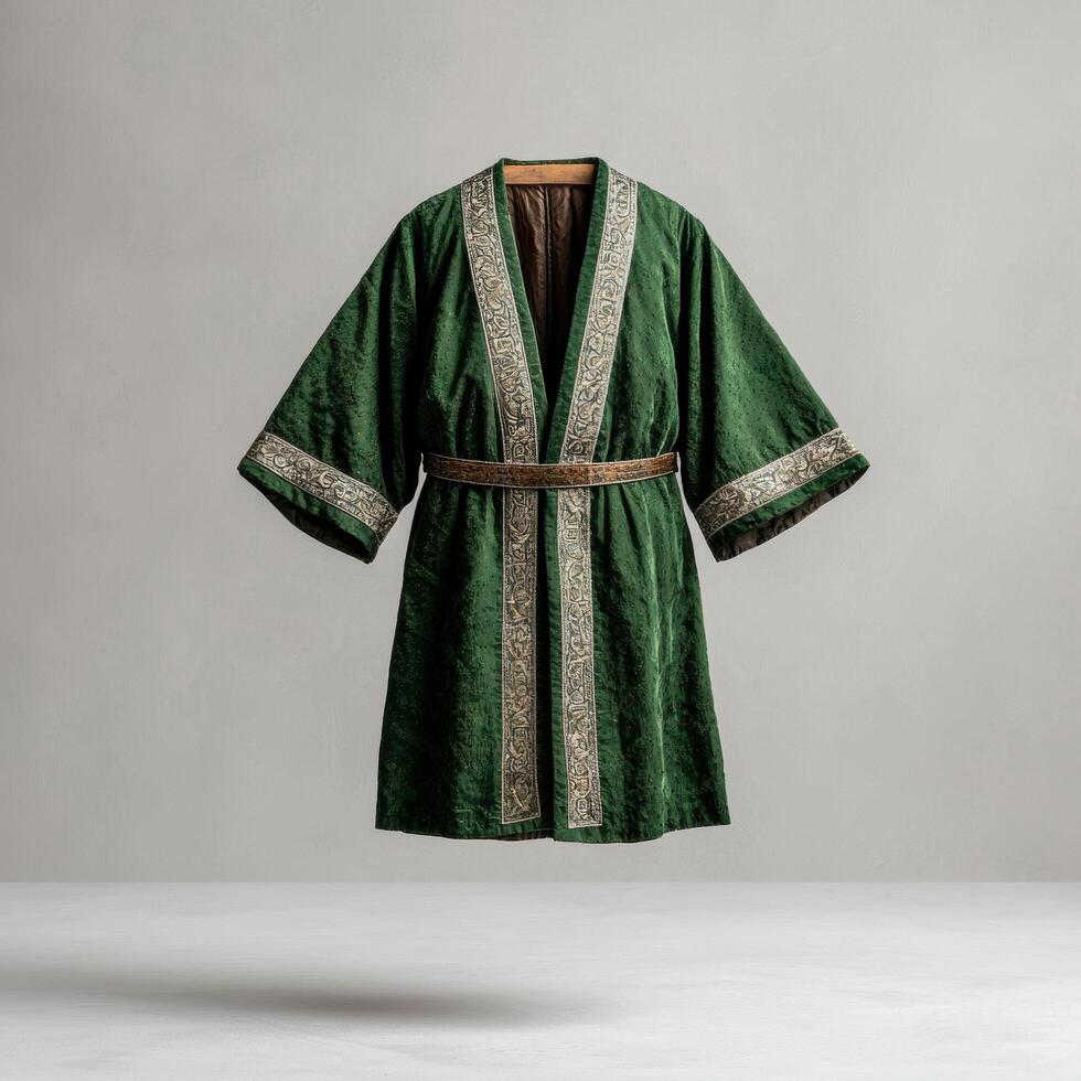 Green velvet robe with embroidered details and brown leather belt photo